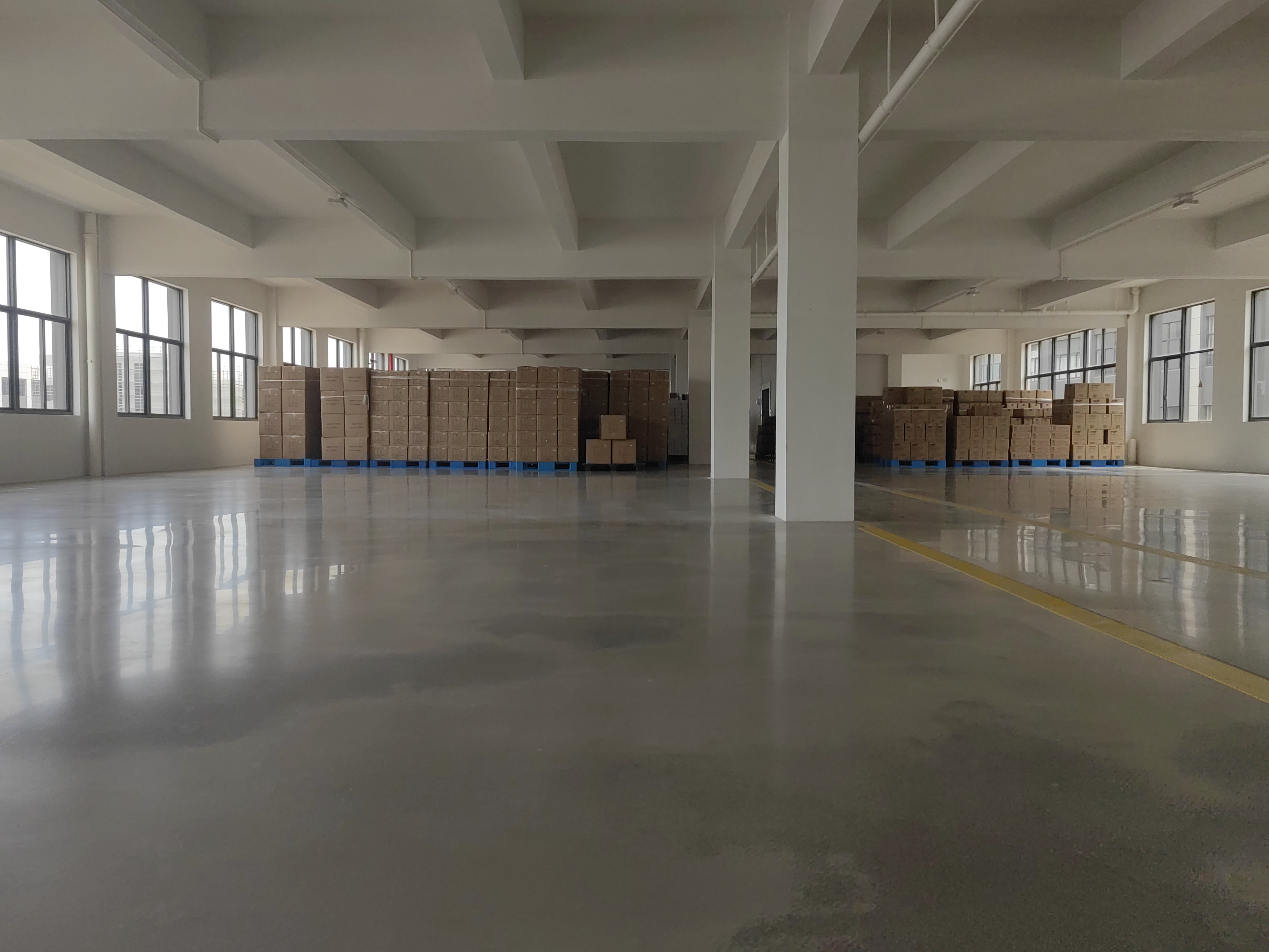 Clean finished goods storage area with packed cartons ready for dispatch